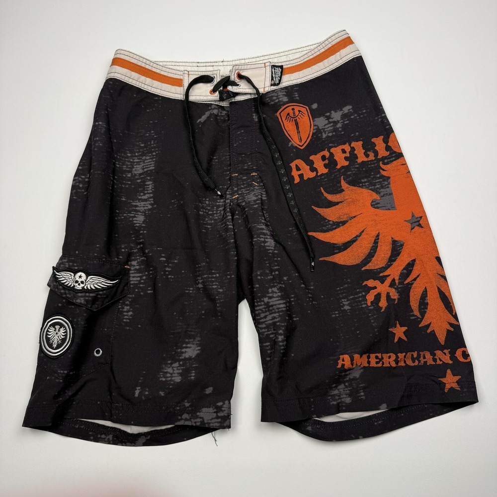 Affliction Board Shorts Mens 30 Black Skull Eagle Graphic Swim Trunks Drawstring